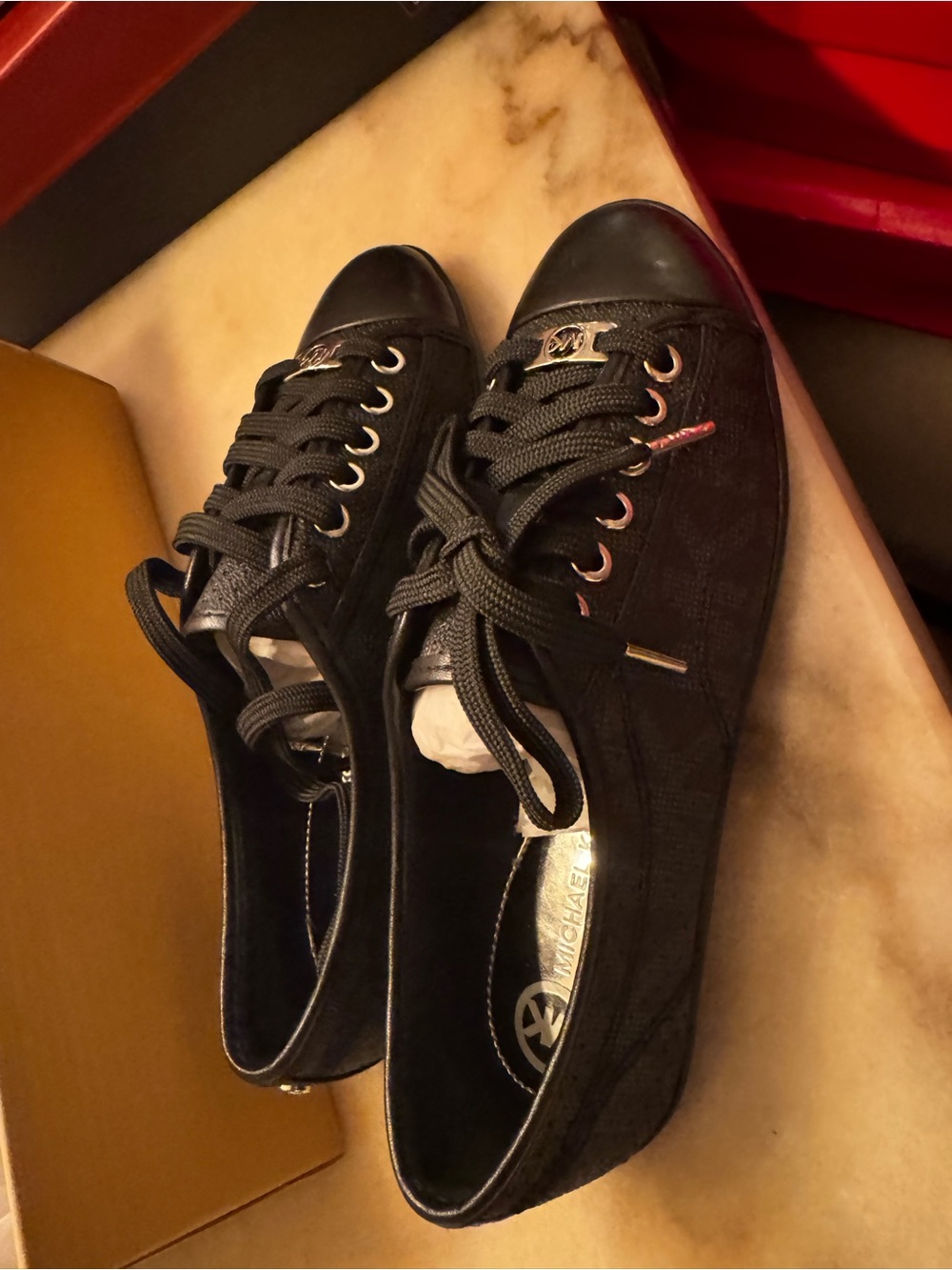 Michael Kors Black Low-Top Lace-Up Sneakers with Gold Accents
